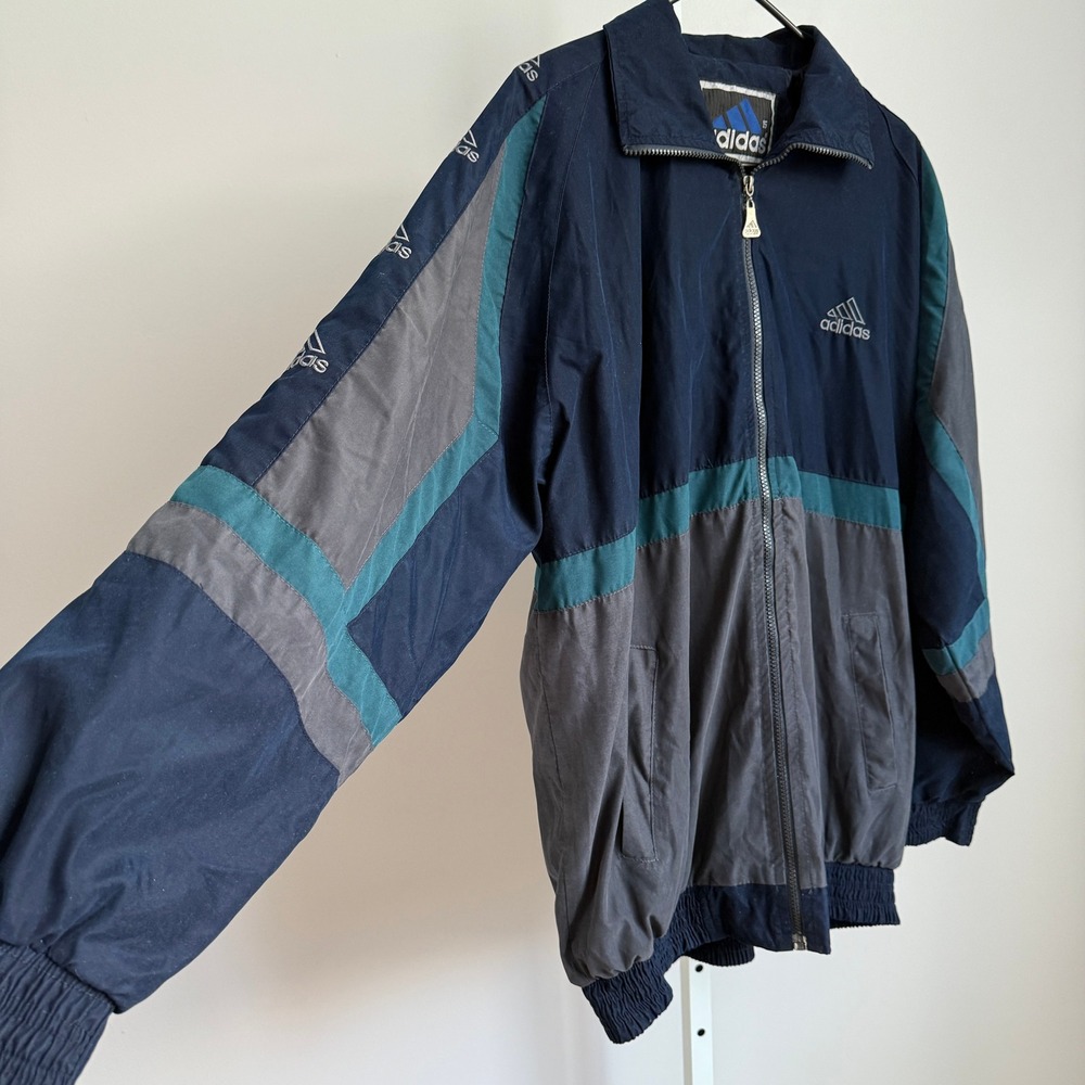 Vintage Adidas Windbreaker Jacket Navy Blue Grey Logo Track Sportswear sz 2XL - Picture 4 of 9